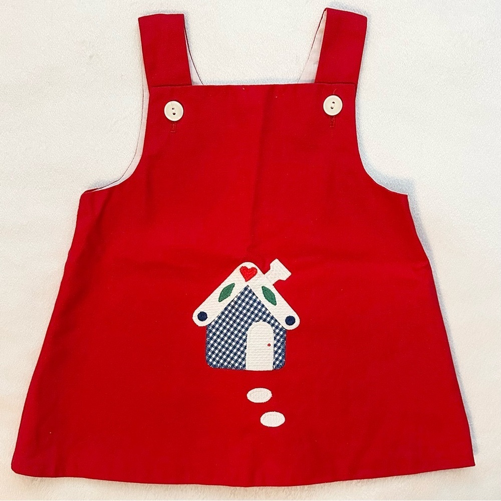 Vintage Pinafore Red Schoolhouse Jumper Dress House Embroidered Baby 12-18M